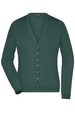A green ladies V-neck cardigan with long sleeves and a button-up front. It features a logo on the label.