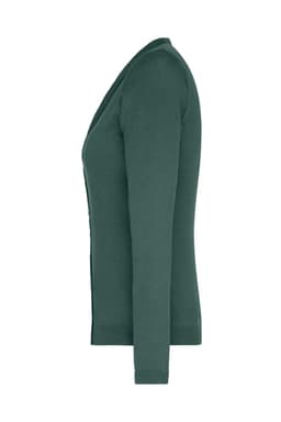 A ladies' v-neck cardigan in a deep green hue, featuring long sleeves and a fitted design. It includes a logo.