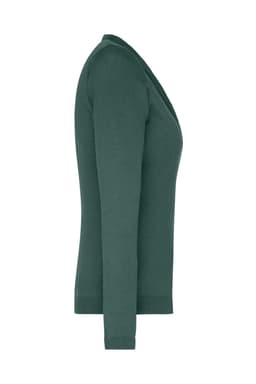 A ladies v-neck cardigan in a deep green colour, featuring a fitted design and long sleeves. It has a logo on the side.