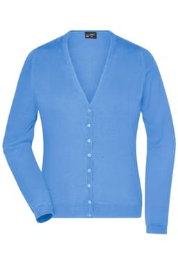 A women's blue v-neck cardigan with a button closure, featuring long sleeves and a fitted design. It has a logo.