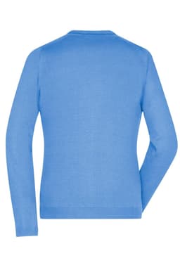 A blue ladies V-neck cardigan with long sleeves and a fitted design, featuring a logo.