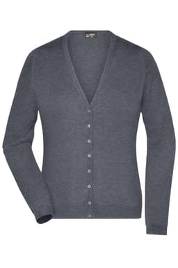 A grey ladies V-neck cardigan with a buttoned front and long sleeves, featuring a subtle branding logo.