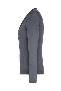 A grey ladies' v-neck cardigan with long sleeves displayed from the side, featuring a subtle logo.