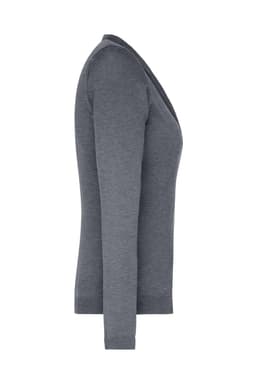 A grey ladies v-neck cardigan displayed side-on, featuring long sleeves and a simple design.