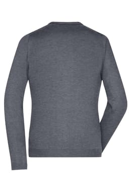 A grey ladies V-neck cardigan with long sleeves, featuring a simple design and a logo on the back.