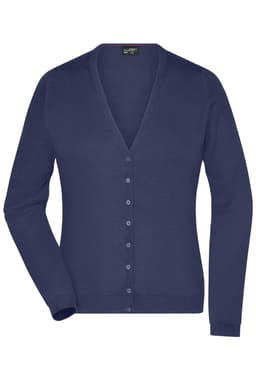 A ladies v-neck cardigan in a dark navy blue, featuring a button-up front and long sleeves. The cardigan has a logo.