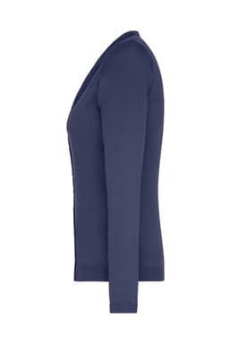 A navy ladies V-neck cardigan with long sleeves and a fitted silhouette. It features a branding logo.