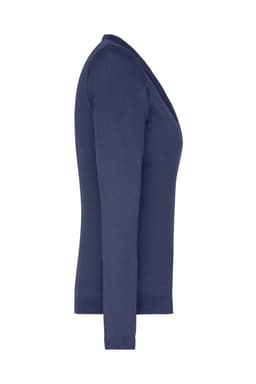 A navy ladies v-neck cardigan featuring a fitted silhouette and long sleeves, with a subtle logo.