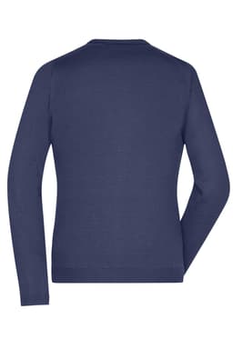 A navy ladies V-neck cardigan with long sleeves and a fitted design, featuring a branding logo.