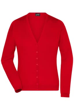 A red ladies V-neck cardigan featuring a button-up front and long sleeves. It has a subtle logo on the label.