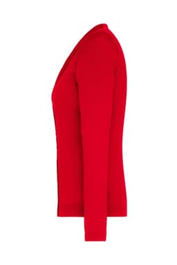 A red ladies' V-neck cardigan with long sleeves, featuring a fitted silhouette and a lightweight fabric.