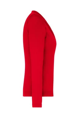 A red ladies v-neck cardigan displayed from the side, featuring long sleeves and a fitted silhouette.