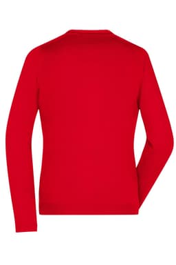A red ladies V-neck cardigan with long sleeves, featuring a plain design and a logo.
