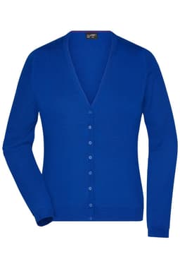 A blue ladies v-neck cardigan with long sleeves and a button-down front, featuring a logo on the label.