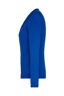 A blue ladies' V-neck cardigan displayed from the side, featuring long sleeves and a slim fit.
