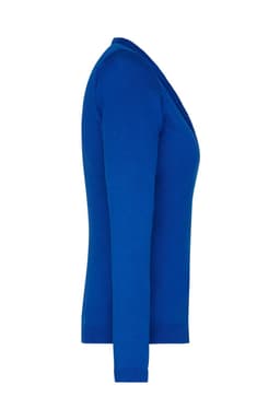 A side view of a vibrant blue ladies V-neck cardigan with long sleeves. The garment has a simple design and a logo present.
