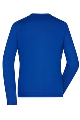 A blue ladies V-neck cardigan with long sleeves, featuring a simple back design and a logo.