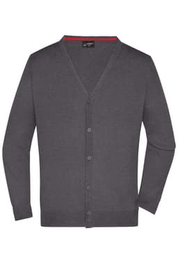 A grey men's V-neck cardigan featuring a button-down front and an inner red trim, with a logo on the label.