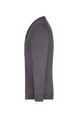A men's v-neck cardigan in grey, featuring a button front and long sleeves. The garment has a branding logo.