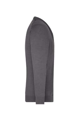 A mens v-neck cardigan in dark grey, featuring a fitted silhouette and long sleeves. It has a logo on the label.