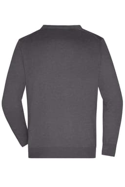 A men's v-neck cardigan in dark grey, featuring a plain design and a logo on the back.