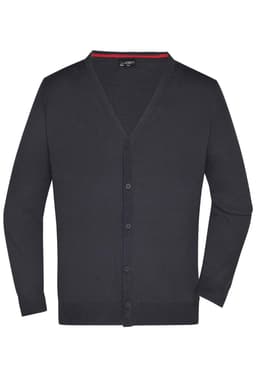 A men's v-neck cardigan in dark navy, featuring a button front and long sleeves. It includes a subtle interior red trim and has a logo.