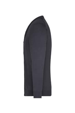 A men's v-neck cardigan in a dark navy colour, featuring long sleeves and a fitted design.