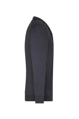 A men's V-neck cardigan in dark grey, featuring long sleeves and a fitted silhouette. Includes a logo on the garment.