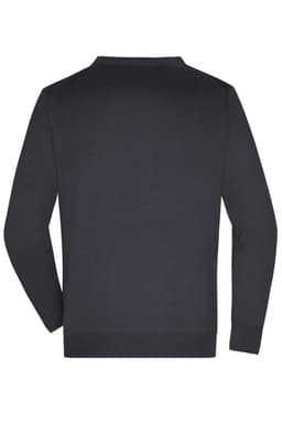 A dark navy men's V-neck cardigan with long sleeves, featuring a simple back design and a branding logo.