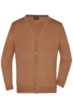 A men's v-neck cardigan in a warm brown colour, featuring a button-up front and long sleeves. It has a branding logo.
