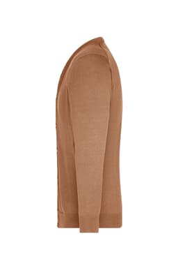 A men's v-neck cardigan in a rich brown colour, featuring a fitted silhouette and button-up front.