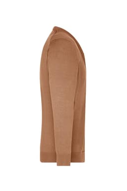 A brown men's V-neck cardigan featuring long sleeves and a fitted design, with a branding logo on the garment.