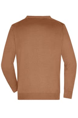 A men's v-neck cardigan in a warm brown colour, featuring a simple, classic design without embellishments.