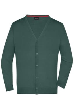 A dark green men's V-neck cardigan with a button-up front and long sleeves. Features an interior red detail.