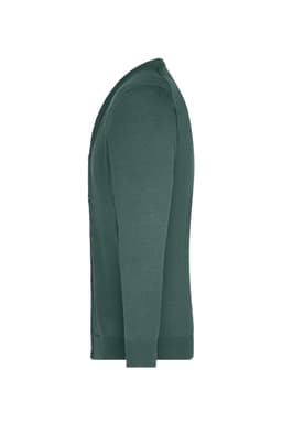 A green men's V-neck cardigan displayed from the side, featuring buttons and long sleeves. It has branding visible.