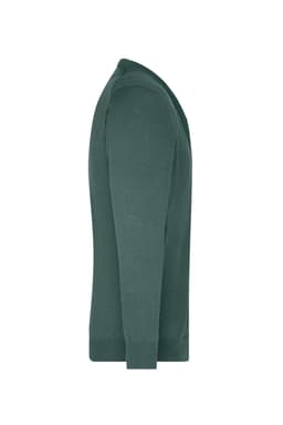 A men's v-neck cardigan in a deep green colour, featuring long sleeves and a fitted design. Includes a branding logo.
