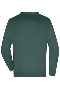 A men's v-neck cardigan in a dark green colour, featuring long sleeves and a simple design. It has a logo on the back.