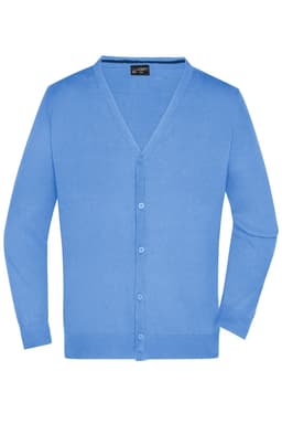 A light blue men's V-neck cardigan with button front and long sleeves. Features a logo on the label.