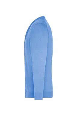 A men's v-neck cardigan in light blue, featuring a button-up front and long sleeves. It has a logo on the fabric.
