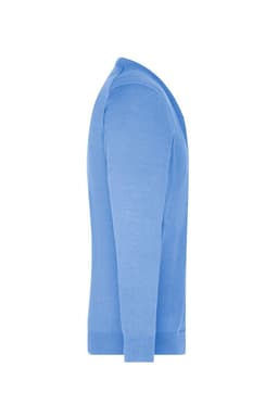 A blue men's V-neck cardigan featuring a simple design and fitted sleeves, displayed from the side.