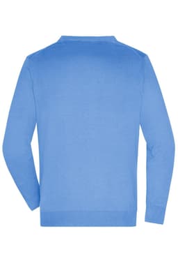 A blue men's v-neck cardigan featuring long sleeves and a plain back design. It has a branding logo.