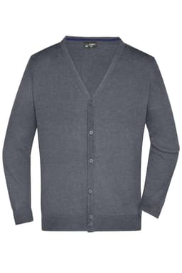 A grey men's V-neck cardigan featuring a button-up front and long sleeves. It has a logo on the label.