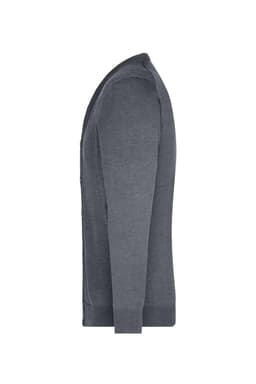 A grey men's v-neck cardigan displayed from the side, featuring a button front and long sleeves.