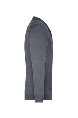 A grey men's V-neck cardigan displayed from the side, featuring a simple design and fitted style.