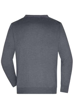 A men's V-neck cardigan in charcoal grey, featuring long sleeves and a simple design. Includes a branding logo.