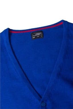 A blue men's V-neck cardigan featuring a red trim and a button closure, along with a brand logo on the label.