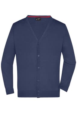 A men's v-neck cardigan in navy blue with a button closure and a subtle interior accent. It features a logo.