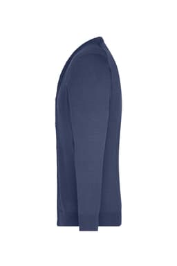 A navy men's V-neck cardigan with long sleeves and a fitted style, featuring a small logo.