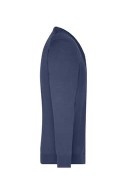 A men's navy V-neck cardigan, displaying a side view, with fitted sleeves and a smooth texture. It features a branding logo.