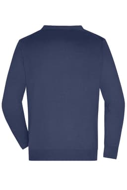 A navy men's V-neck cardigan featuring long sleeves and a simple back design. Includes a branding logo.